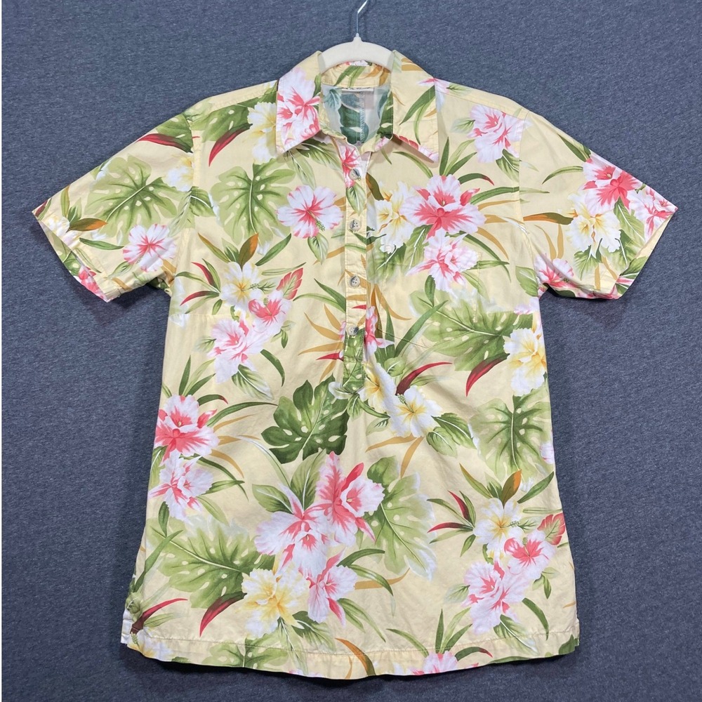 Go Barefoot‎ Women's Hawaiian Floral Popover Shirt Yellow Cotton Tropical USA S